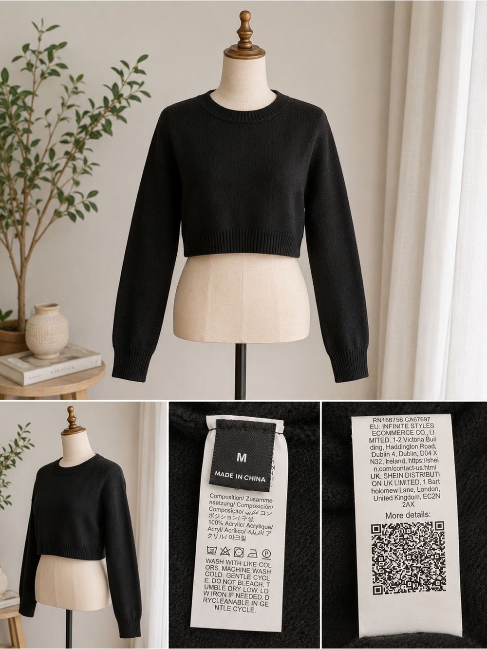 Black Cropped Crewneck Sweater - Women